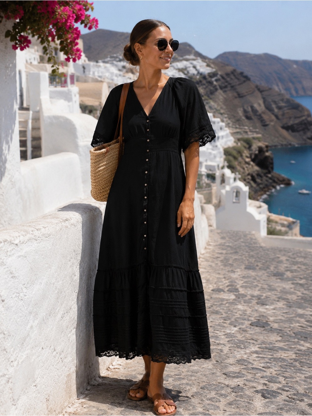 Gap Lace Trim Midi Dress Black Lined Large Flutter Sleeve Lined Cotton Vacation